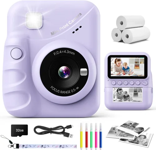 Vista 8 de Cámara para niños, impresión instantánea, pantalla de 3.0 pulgadas, cámara instantánea de foto de 48 MP para niños con tarjeta de 32 GB, juguete