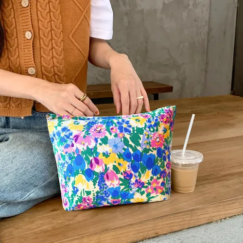 Vista 5 de Bolsa de maquillaje para mujer, bolsa de cosméticos de lona con cremallera, bolsa de maquillaje pequeña, bolsa de maquillaje floral, organizador