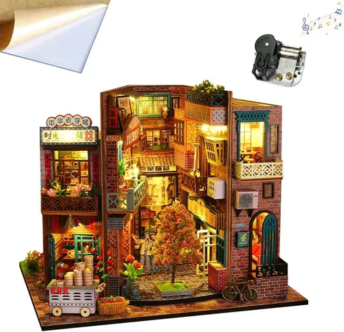 Vista 14 de Mini casa de muñecas de madera 3D con cubierta a prueba de polvo y movimiento de música, kit de casa de muñecas en miniatura y muebles, idea