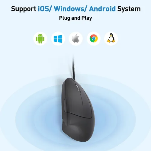 Vista 5 de Ratón ergonómico con cable, mouse vertical con cable USB con 800/1200/1600 DPI ajustable, 6 botones ergonómico para portátil/PC/escritorio, negro