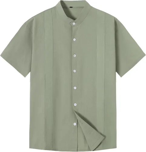 Vista 2 de YOVERGA Camisas de lino de manga corta con botones para hombre, camisa casual de algodón para playa y verano