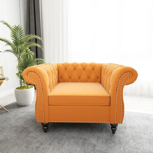 Vista 9 de RARZOE Chesterfield - Silla contemporánea de terciopelo Chesterfield, silla de club de terciopelo, silla Chesterfield con brazos enrollados de Azul