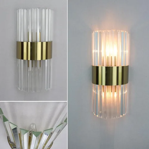 Vista 7 de Juego de 2 apliques de pared de cristal dorado, modernos apliques de cristal de iluminación de 2 luces de latón para pared de baño, pasillo