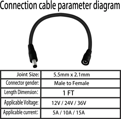 Vista 6 de 2pcs 0.2 in × 2.1mm14AWG DC Cable macho a hembra Conector 5521Connector 1FT
