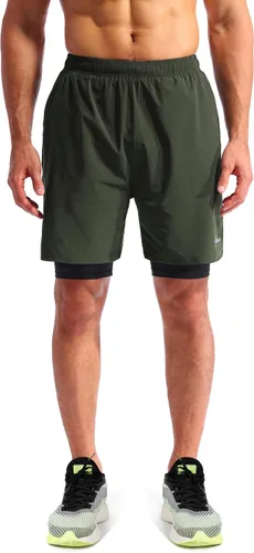 Vista 2 de Pudolla Mens 2 in 1 Running Shorts 7" Quick Dry Gym Athletic Workout Shorts for Men with Phone Pockets
