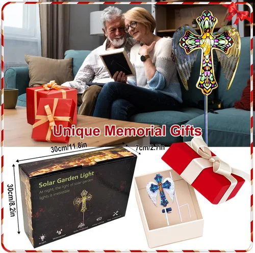 Vista 6 de YJFWAL Luz Solar de Estaca de Jardín con Cruz de Cristal, Decoraciones de Cementerio para Luces Exteriores de Tumba, Regalos Conmemorativos