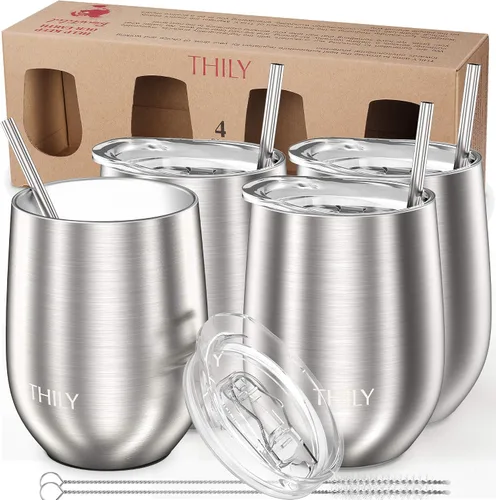 Vista 6 de THILY Paquete de 4 vasos de vino de acero inoxidable con aislamiento al vacío con tapas deslizantes y pajitas, 12 onzas, mantiene el frío para jugo