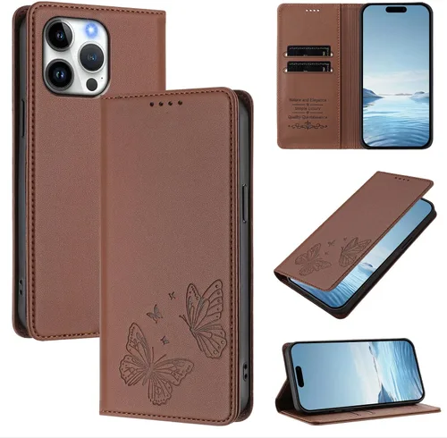 Vista 2 de Butterfly Embossed Leather Wallet Flip Case for Motorola Moto E22i 4G, Magnetic Closure, RFID Blocking Cover, Card Holder Brown.
