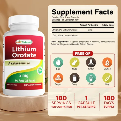 Vista 2 de Best Naturals Orotato de litio 5 mg 180 cápsulas - Sin OMG - Sin gluten