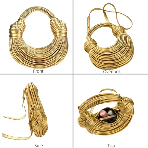 Vista 5 de Bolso dorado para mujer, tejido anudado de pan, bolso cruzado con asa superior, bolso creativo de fideos, bolso de hombro para axilas