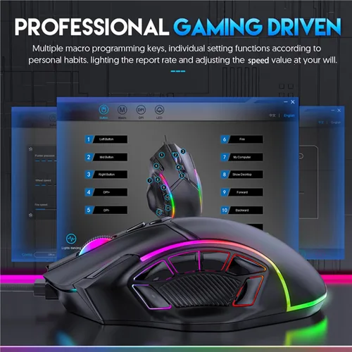 Vista 3 de EBTOOLS Ratón para juegos, 12 botones programables, luces RGB de 12800 DPI, diseño ergonómico, con cable de 5.9 ft, para computadora portátil y PC