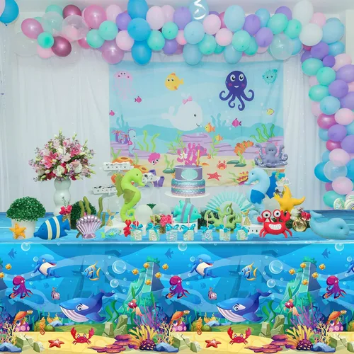 Vista 7 de Tiamon Paquete de 1 mantel de fiesta marina, animales del océano, criaturas submarinas, cubierta de mesa para decoración de fiesta de cumpleaños, 54