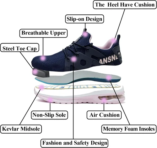 Vista 5 de Zapatos de punta de acero para mujer, zapatos de trabajo de seguridad indestructibles, con amortiguación de aire, ligeros, transpirables, zapatos