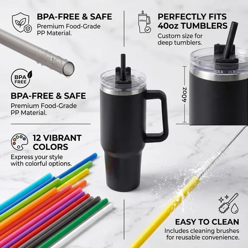 Vista 3 de ALINK Pajitas reutilizables para vaso Stanley de 40 onzas y 30 onzas, popotes de plástico duro de 12 pulgadas de largo, popote de repuesto de 12