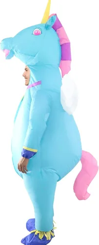 Vista 3 de Traje inflable de unicornio azul para adultos, la mejor decoración para fiestas, reuniones, celebraciones de vacaciones, Halloween y otros
