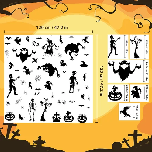Vista 3 de WALPLUS Decoración de Halloween para ventana, de doble cara, reutilizable, desprendible y pega, extraíble para cristal, sala de estar, guardería