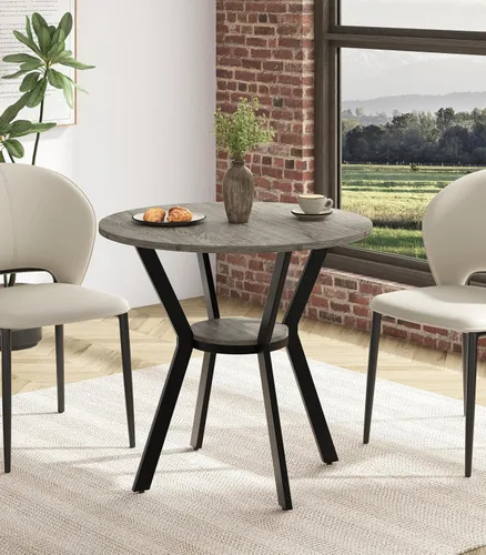 Vista 11 de MECHYIN Mesa de comedor redonda de 42 pulgadas para 2 a 4, mesa de cocina redonda de granja con estante de almacenamiento, mesa de comedor