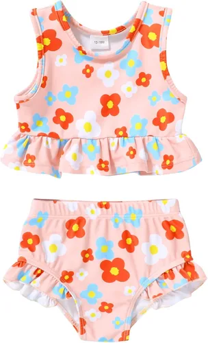 Vista 16 de YOUNGER TREE Traje de baño de verano para niñas pequeñas, sin mangas, traje de baño a rayas, traje de dos piezas, bikini