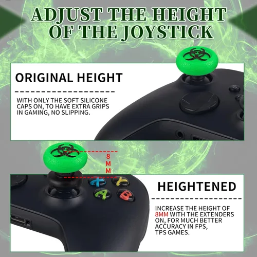 Vista 4 de FPS Thumbstick Extender & 3D Texture Rubber Silicone Grip Cover 2 Sets for Xbox Series XS & Xbox One Controller(BioH Green)