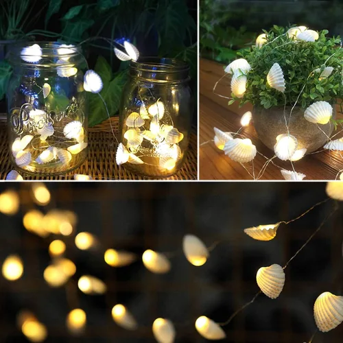 Vista 4 de Guirnalda de luces decorativas de conchas de playa de 14.1 pies, 40 luces LED blancas cálidas, impermeables, funciona con pilas, luces de cadena