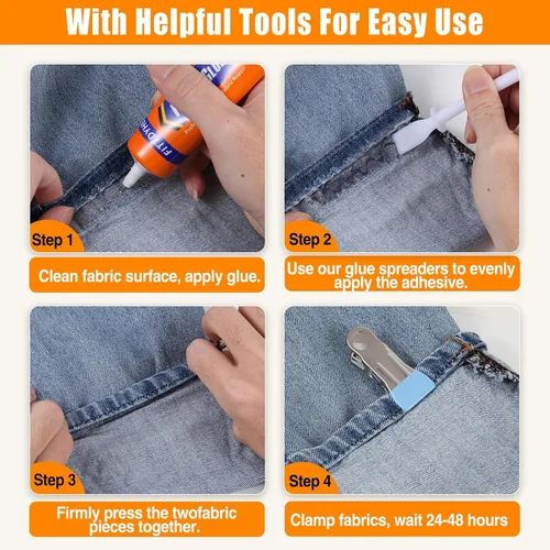 Vista 6 de 2 Pack de Pegamento para Tela Permanente, 60ML/2.02oz Pegamento Claro Lavable para Ropa, Adhesivo Súper para Tela para Strass, Parches, Ropa, Denim