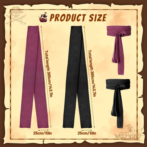 Vista 2 de 2 unidades de cinturón de pirata de Halloween, color negro y rojo vino, gran bandana pirata, cinturón de cintura para hombres y mujeres, Halloween
