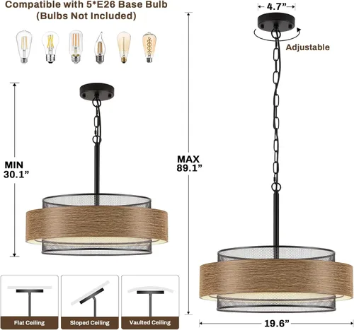 Vista 5 de Candelabros de granja de 19.7 pulgadas para comedor, candelabro rústico grande redondo negro de 5 luces con textura de metal y madera, iluminación