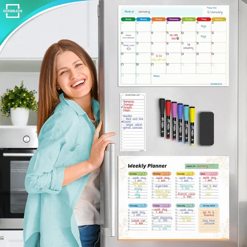 Vista 4 de Agenda mensual (paquete de 3) pizarra blanca magnética para refrigerador, calendario semanal de borrado en seco, calendario magnético