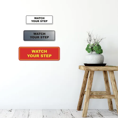 Vista 3 de Signs ByLITA Letrero estándar para pared o puerta con texto en inglés «Watch Your Step», señalización de salud y seguridad (negro), mediano