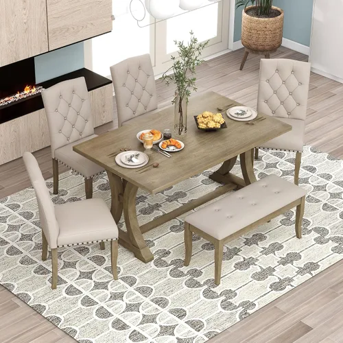 Vista 12 de Juego de mesa de comedor rústica de 6 piezas con mesa rectangular de caballete y 4 sillas tapizadas y banco, juego de mesa de comedor de cocina