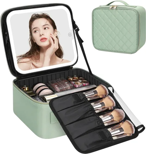 Vista 22 de Relavel Estuche de maquillaje con espejo LED, 01-Negro, Bolsa de maquillaje de viaje con espejo LED para niñas Compact Cosmetic Makeup Organizer