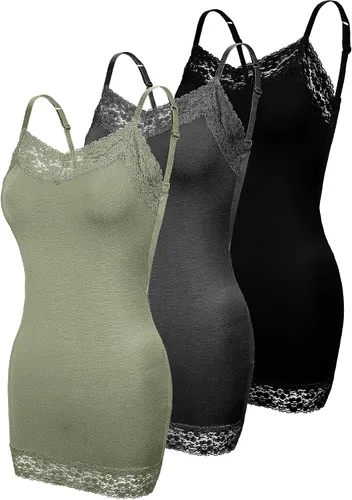 Vista 4 de 3 piezas de camisolas largas de encaje para mujer, camisetas sin mangas con cuello de tirantes delgados ajustables para mujer