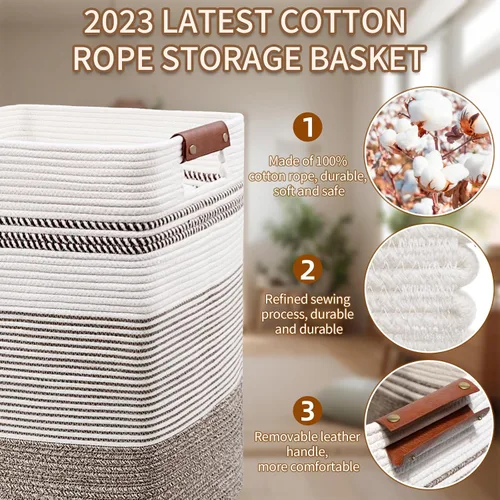 Vista 27 de DOFASAYI Cesta de lavandería grande de 72 litros con asas de cuero, cesta de almacenamiento decorativa para mantas, cesta de ropa para sala