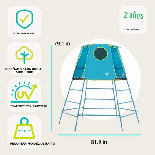 Vista 4 de Explorer 2 Jungle Gym - Juego de escalada con marco de acero ajustable, toldo y plataforma resistentes a la intemperie, juego al aire libre