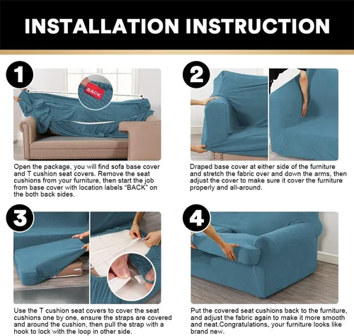 Vista 9 de Paquete de fundas para sofá con cojín en forma de T de 3/4 piezas, protector de muebles, patrón a cuadros, extraíbles y lavables, color azul tormenta