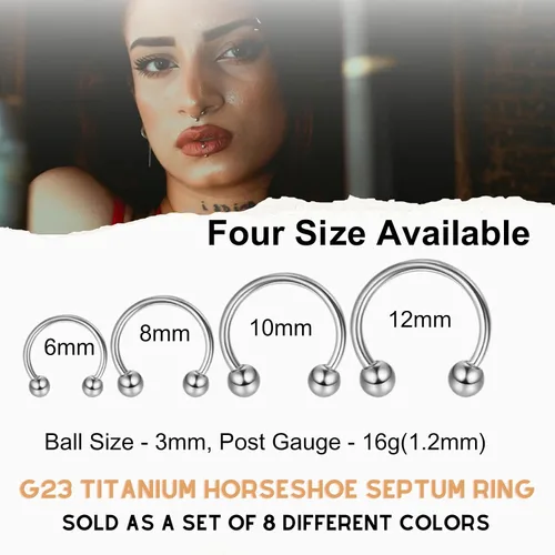 Vista 2 de 8 anillos de titanio G23 para tabique de herradura, anillos de nariz de 16G, bolapinchos, barra circular de herradura, septum para mujeres
