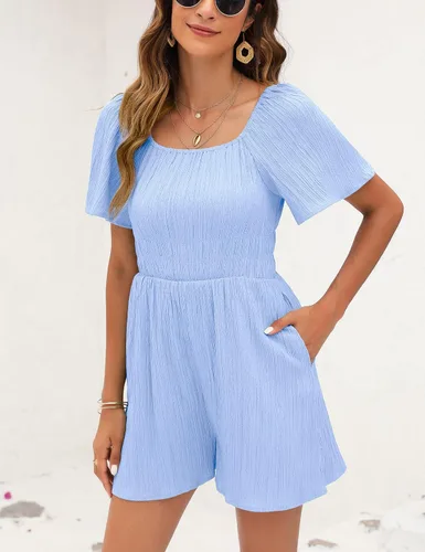Vista 4 de KOJOOIN Women's Short Sleeve Square Neck Short Romper Off Shoulder Flutter Sleeve Wide Leg Mini Rompers