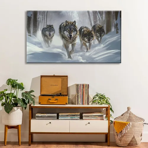 Vista 5 de YONICA Lienzo decorativo para pared, diseño de lobos corriendo en la nieve, mirando a lo lejos, alta definición, giclée, listo para colgar, adecuado