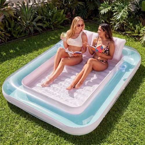Vista 18 de SLOOSH Flotador inflable, camastro para adultos, con almohada, 178 x 117 cm, 4 en 1: balsa-tina bronceadora, camastro para tomar el sol, fiestas Azul