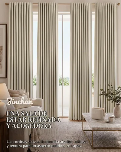 Vista 2 de jinchan Cortinas opacas de felpilla para dormitorio, cortinas beige para sala de estar, juego de 2 paneles de 84 pulgadas de largo, con aislamiento
