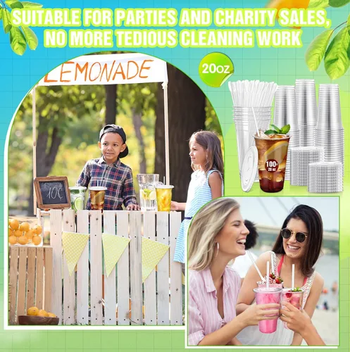 Vista 5 de Eaasty Juego de 50 vasos de plástico transparente de 20 onzas con cuchara, pajitas y tapas planas, desechables, para café helado, postre, yogur