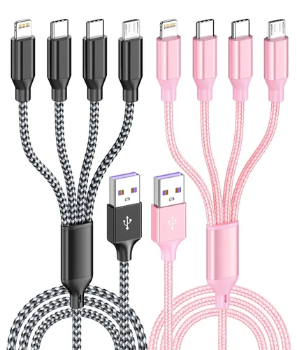 Vista 7 de Doub Tyep-C 4 en 1 cable de carga múltiple de 4 pies, cable de carga de nailon trenzado Lightning para iPhone, cable de carga universal con tipo C