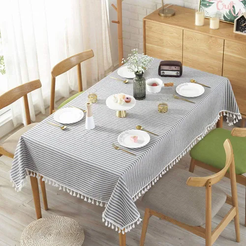 Vista 15 de AMZALI Mantel de Rayas con Borlas de Algodón y Lino Resistente a Manchas/A Prueba de Polvo Impermeable Cubierta de Mesa para Decoración de Mesa
