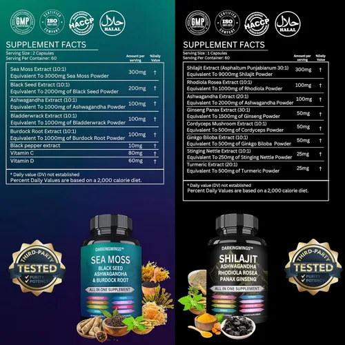 Vista 2 de Shilajit y musgo marino Combo - Cápsulas Shilajit añadidas Ashwagandha, musgo marino, jengibre y aceite de semilla negra, Rhodiola Rosea, Panax