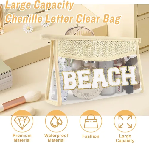 Vista 7 de Iqimott 2 bolsas de maquillaje con parches transparentes, bolsa de letras boho para nadar en la playa, bolsas de maquillaje impermeables