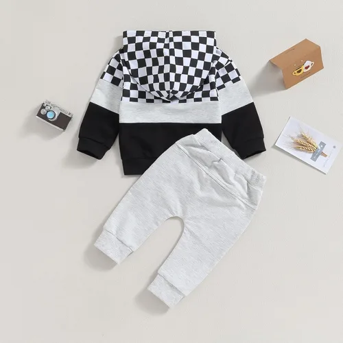Vista 3 de Ropa para bebé niño pequeño, sudadera con capucha y bloques de color, 2 piezas, sudadera para otoño e invierno