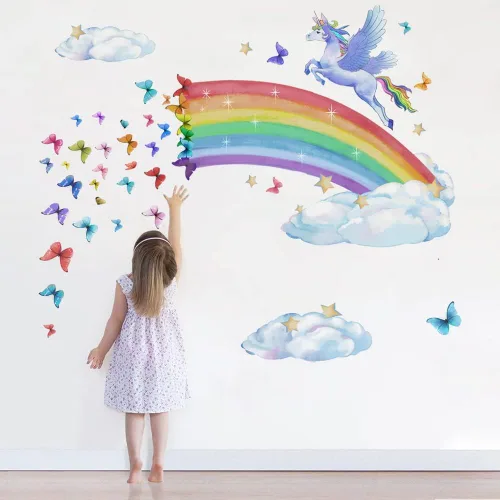 Vista 8 de Runtoo Calcomanías de pared de unicornio rosa arcoíris para niñas, dormitorio, bebé, guardería, habitación de niños, decoración de fiesta de 2