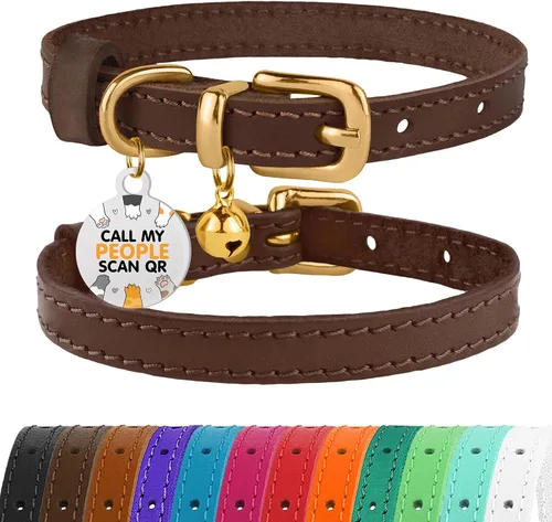 Vista 41 de BRONZEDOG Collar de cuero para gato con campanas extraíbles sin liberación rápida, etiqueta QR para gatito para niña y niño