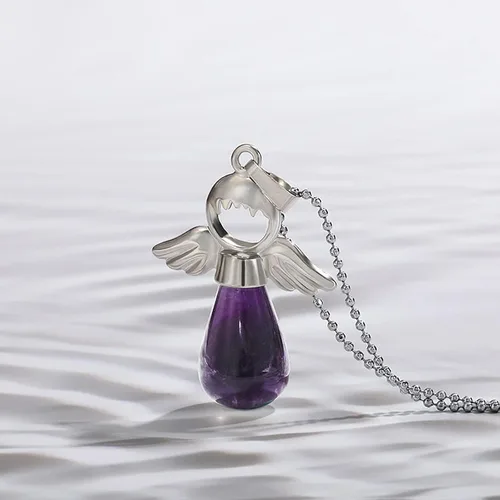 Vista 3 de Jeulia Collar de piedra de cristal curativo: alas de ángel, amatista de cuarzo transparente natural, aventurina verde, rosa, colgante espiritual