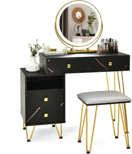 Vista 2 de CHARMAID Escritorio de tocador con armario lateral reversible, mesa de tocador de maquillaje con espejo iluminado, 3 luces de color, 4 cajones